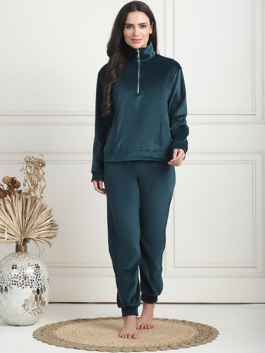 Bottle Green Velvet Zip Lounge Set