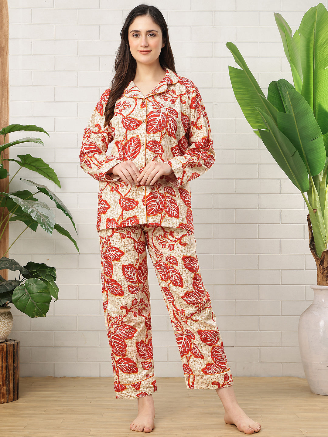 Orange Hibiscus Collar Night Suit