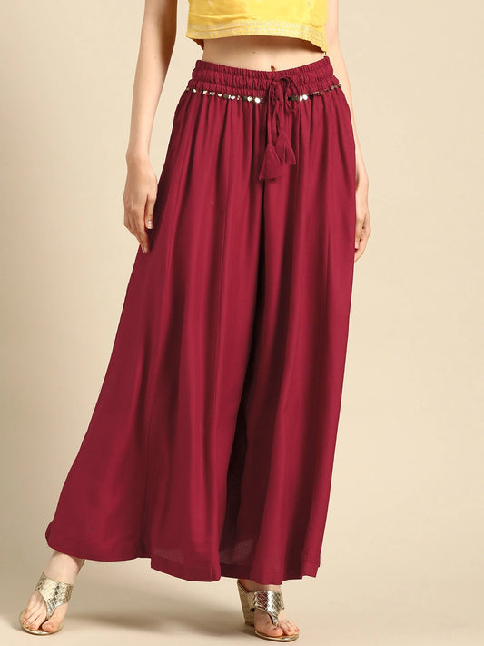 Maroon rayon double flared palazzo
