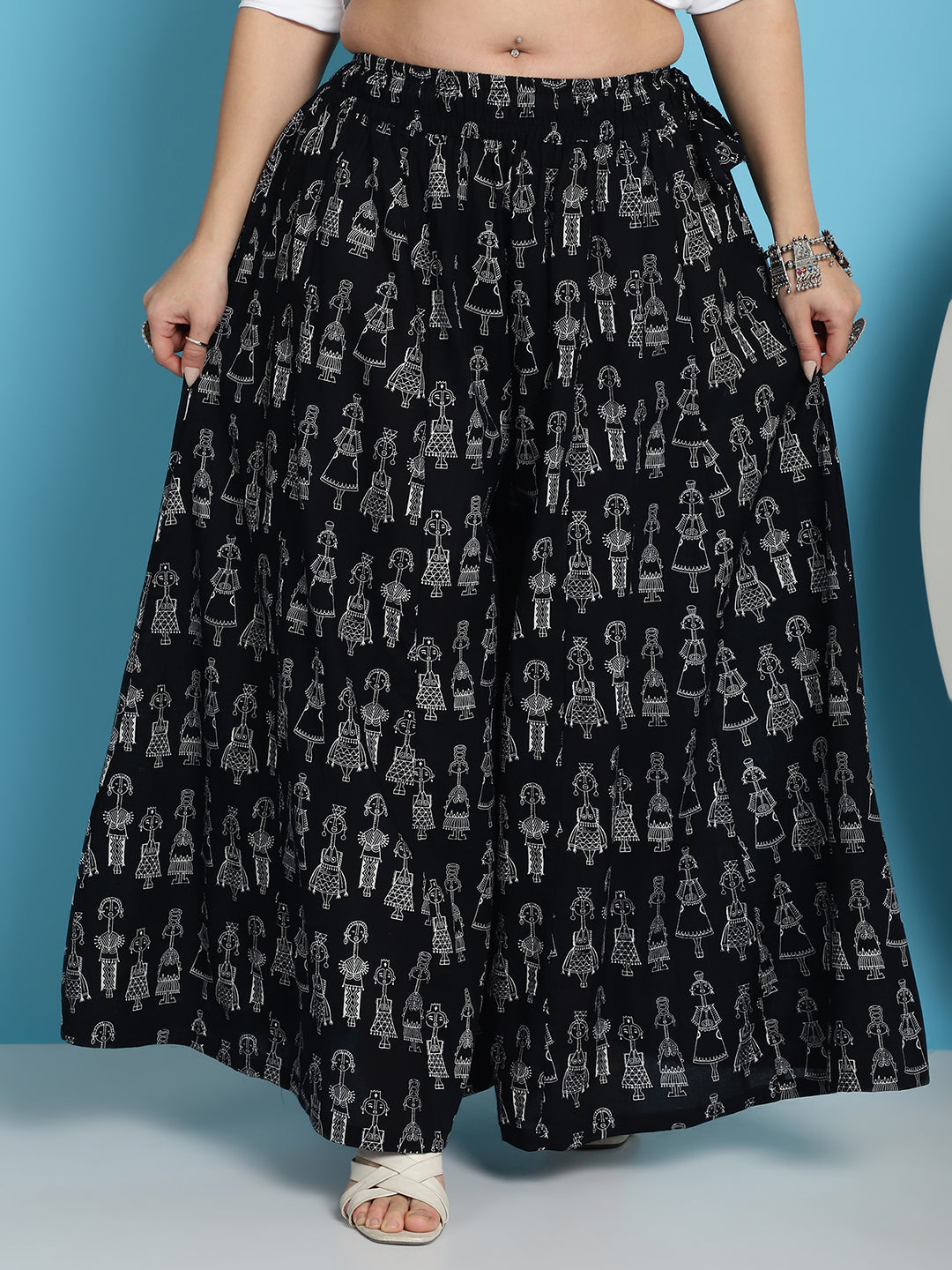 Black Warli Print Cotton Flared Kali Palazzo