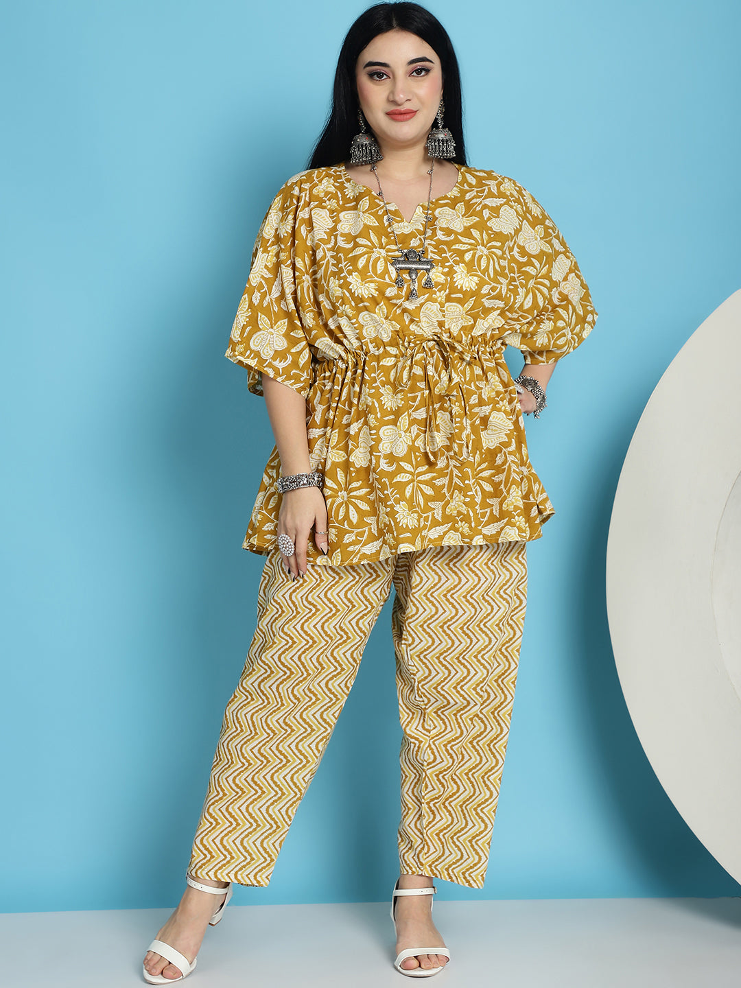 Plus Size Mustard Printed Cotton Kaftan And Pant Set