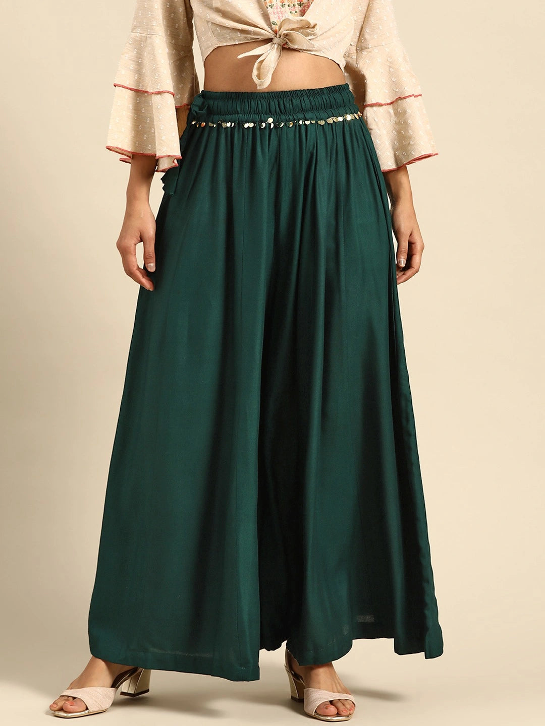 Bottle Green rayon double flared palazzo