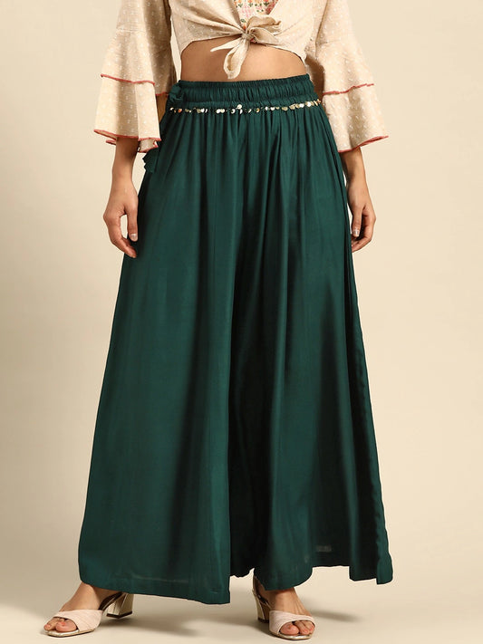 Bottle Green rayon double flared palazzo