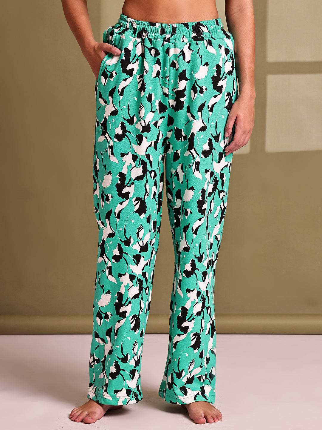 Green Floral  Terry Cotton Hosiery Lounge Pant