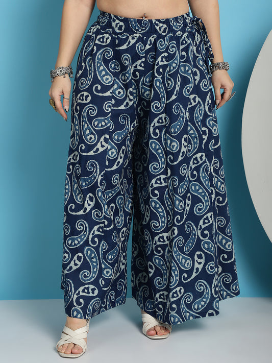 Blue Paisley Printed Cotton Flared Kali Palazzo