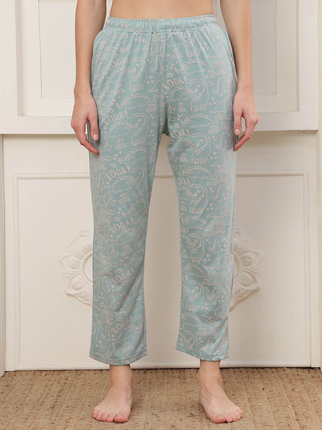 Teal Dino Printed Cotton Lounge Pant