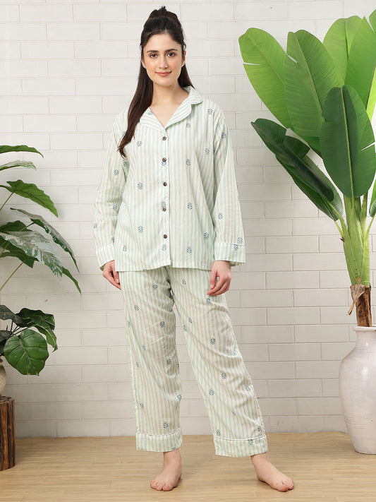 Stripe Booti Collar Night Suit