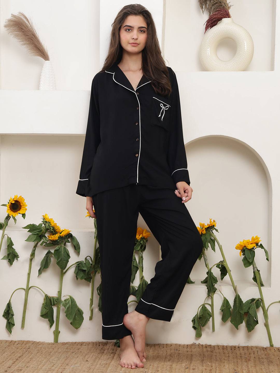 Rayon Latte Embroidery Night Suit