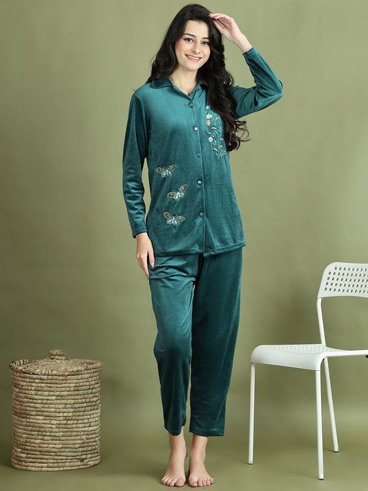Bottle Green Embroidery Velvet Lounge Set