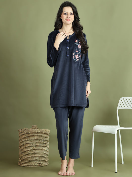 Navy Blue Embroidery Velvet Lounge Set