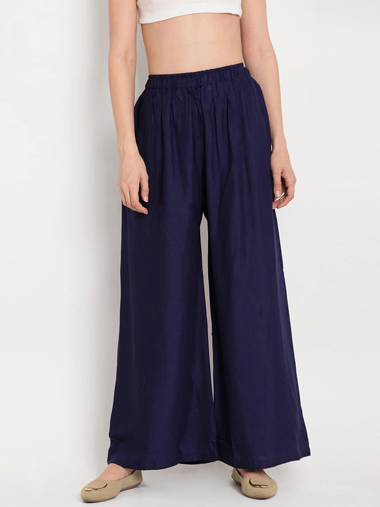 Navy Blue Solid Rayon Palazzo