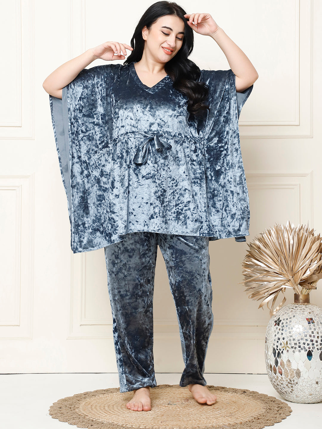 Metallic Blue Ice Velvet Kaftan Lounge Set