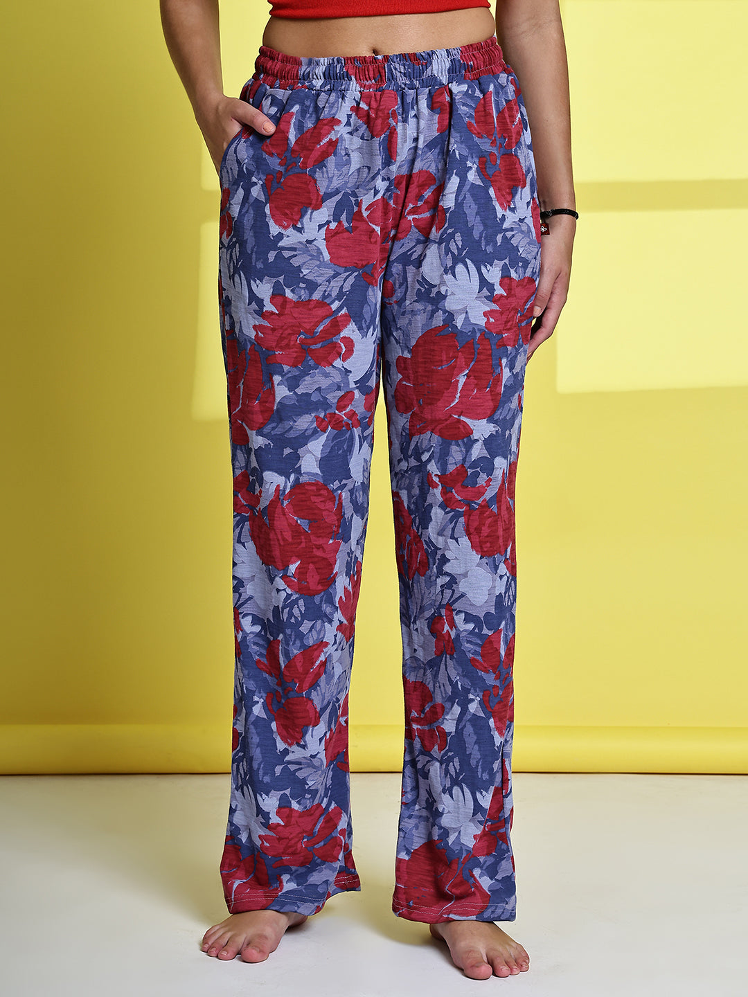Grey Red Flower Cotton Hosiery Lounge Pant