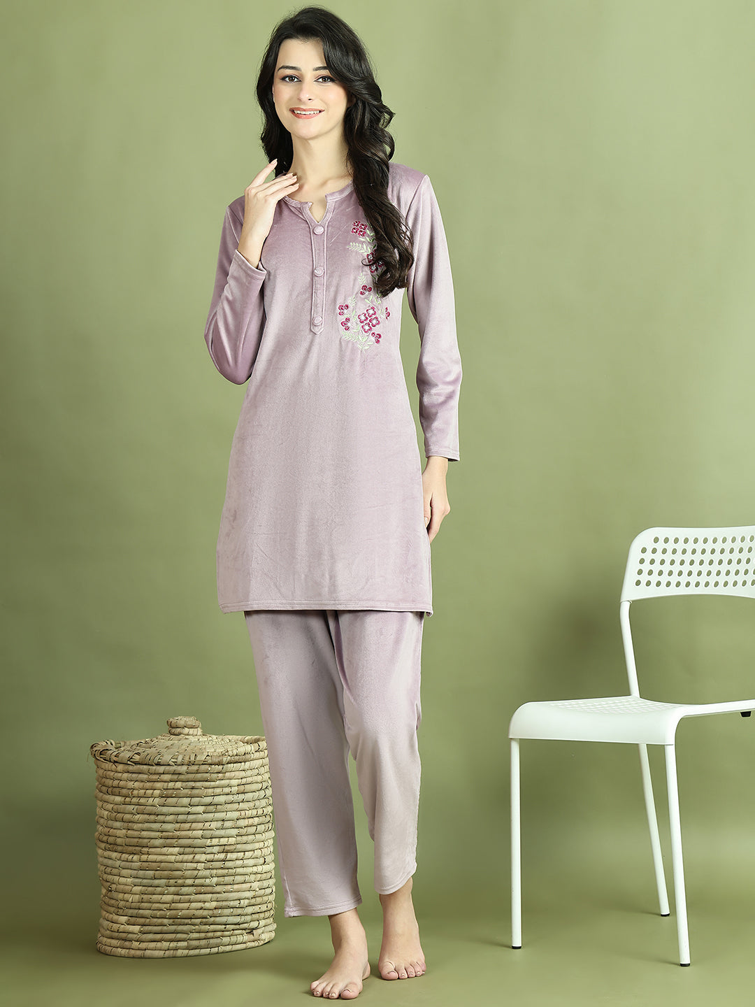 Lavender Embroidery Velvet Lounge Set