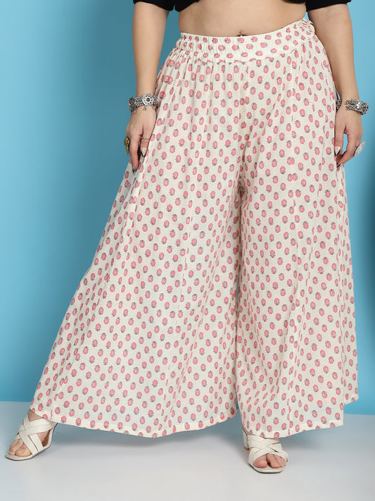 White Cotton Floral Print Flared Kali Palazzo