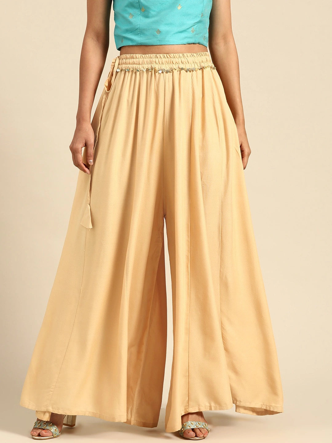 Beige rayon double flared palazzo