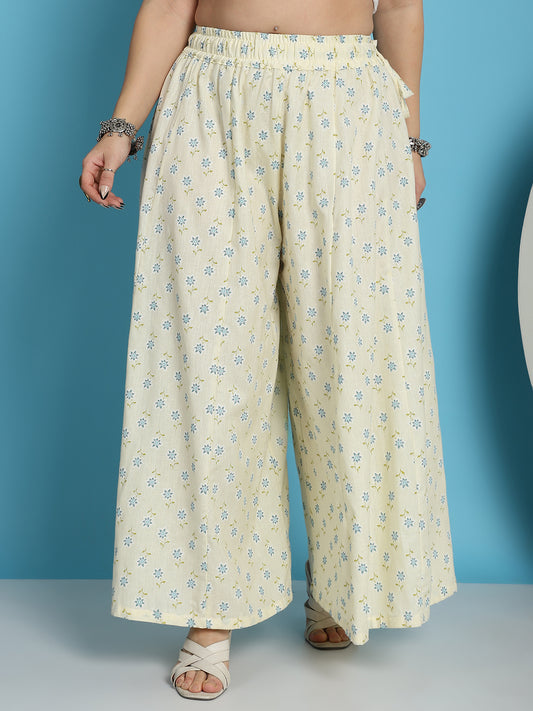 White Cotton Flax Floral Print Flared Kali Palazzo