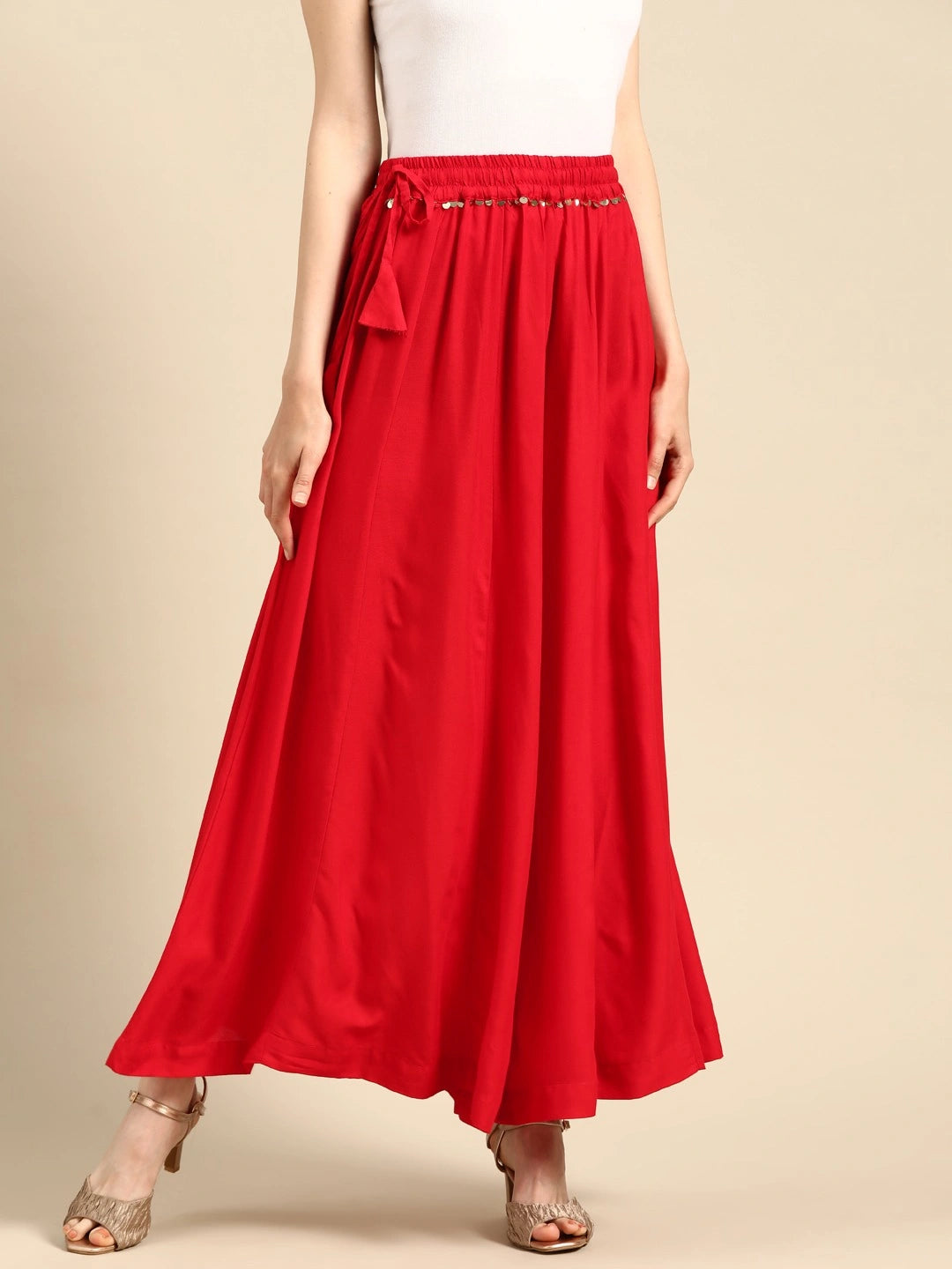 Red rayon double flared palazzo