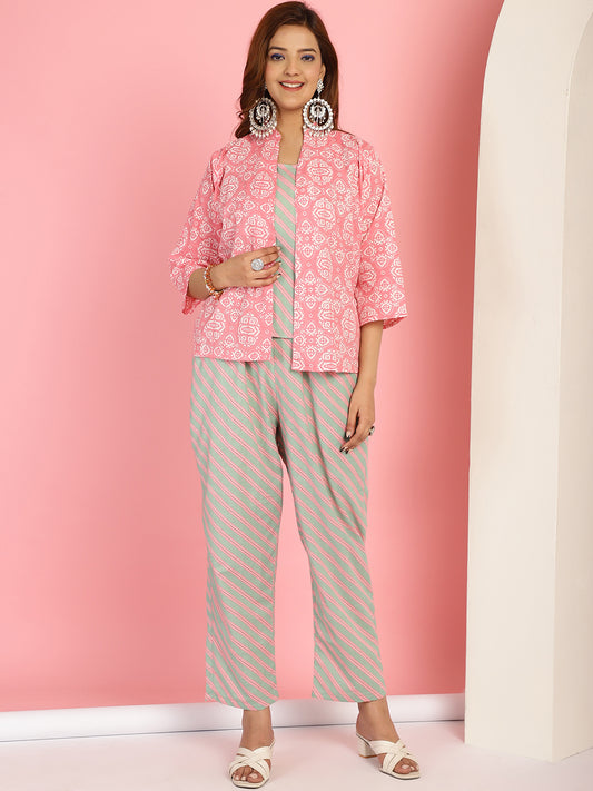 Pink And Green Leheriya Co-Ord Set