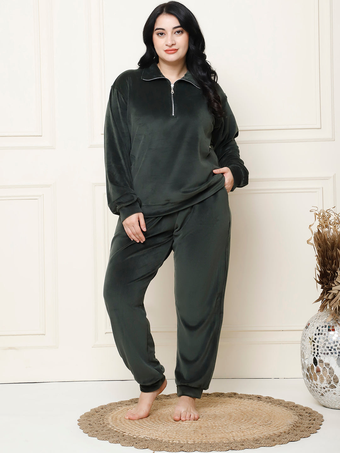 Olive Velvet Zip Lounge Set