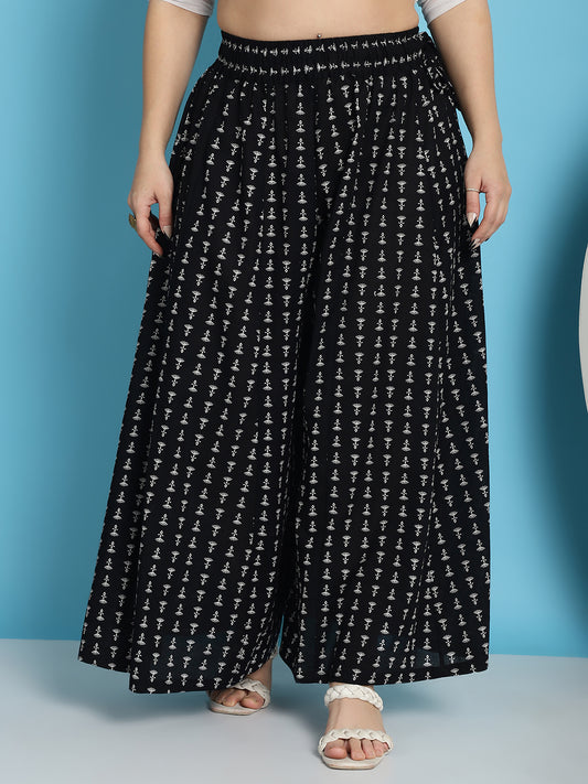 Black Printed Cotton Flared Kali Palazzo