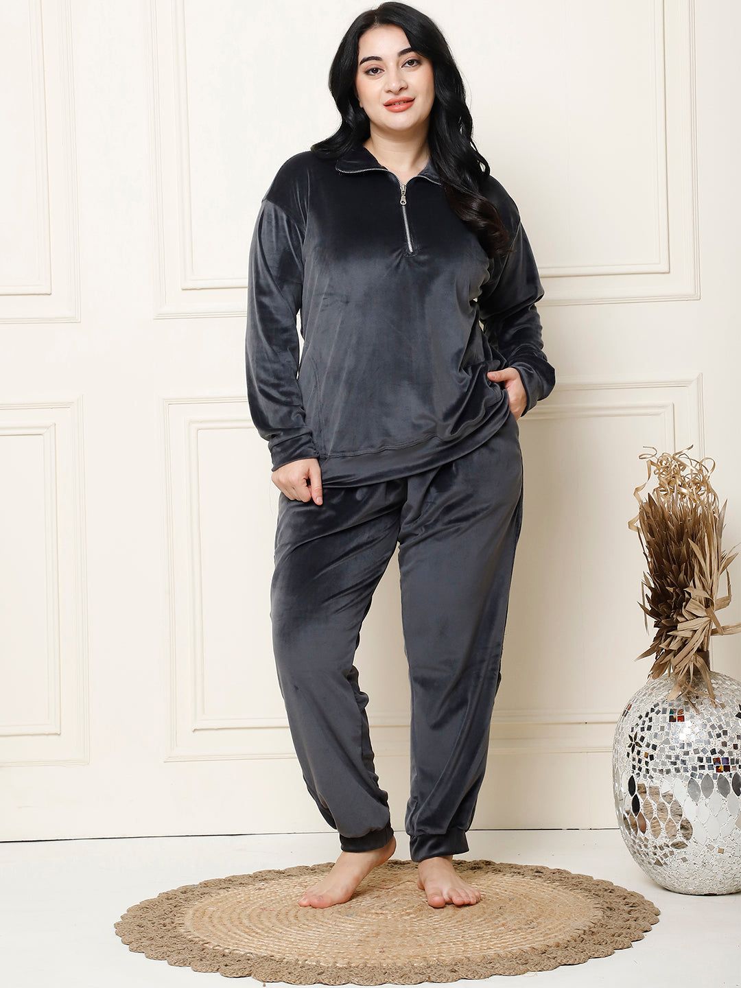 Dark Grey Velvet Zip Lounge Set