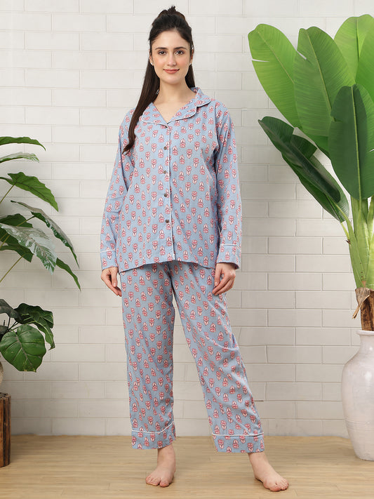 Blue Lotus Booti Collar Night Suit