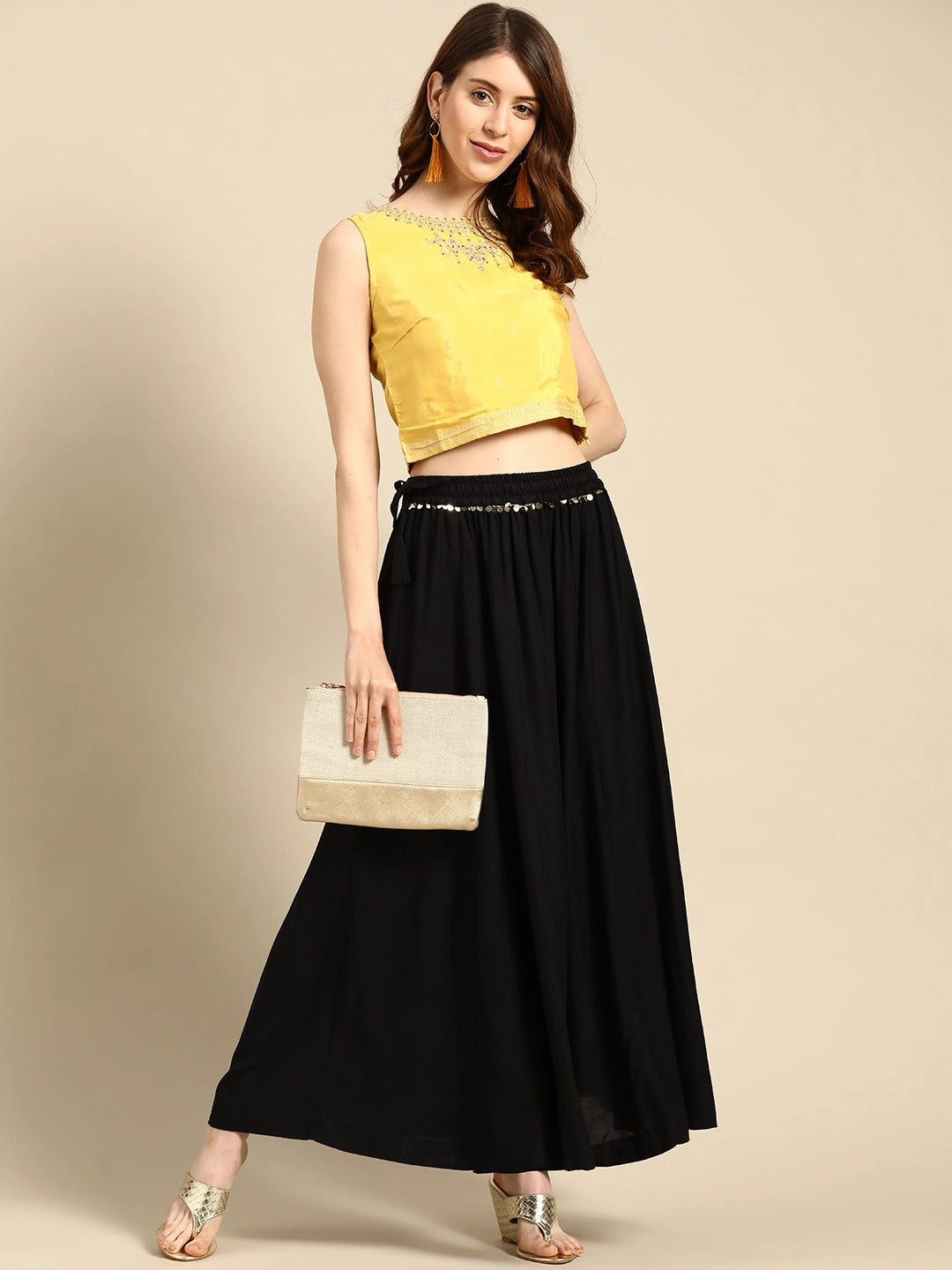 Black rayon double flared palazzo