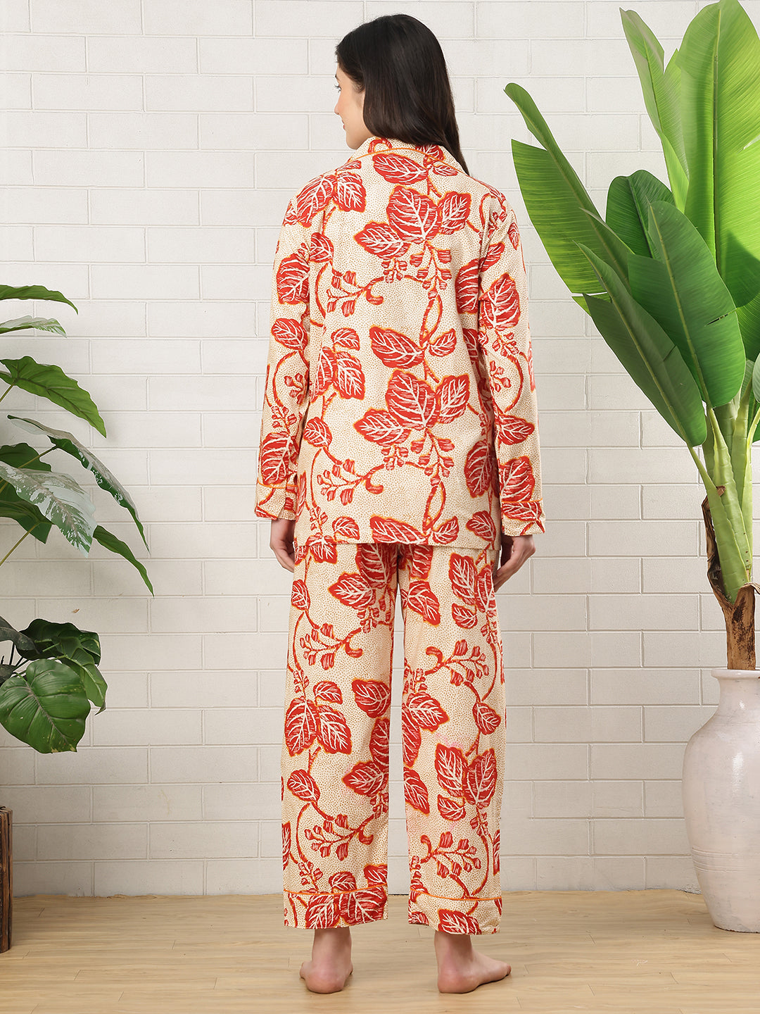 Orange Hibiscus Collar Night Suit