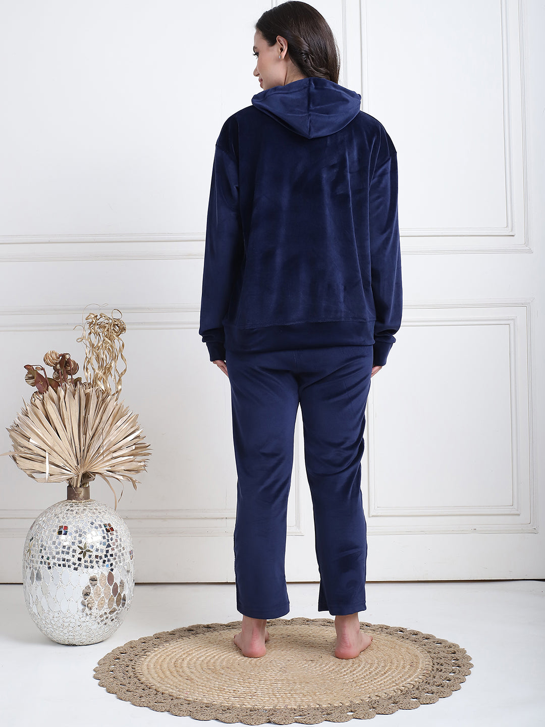 Navy Blue Velvet Hoodie Lounge Set