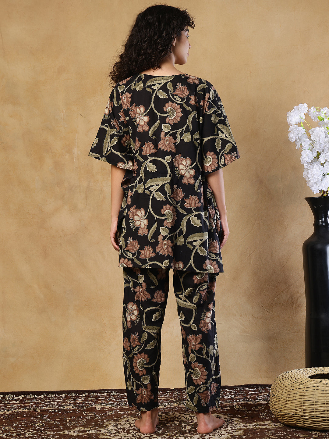 Midnight Blossom Cotton Kaftan Set