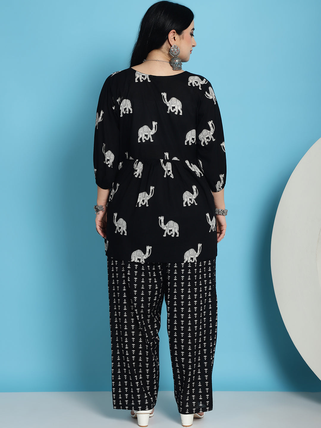 Plus Size Black Camel Print Cotton Peplum With Pant Set