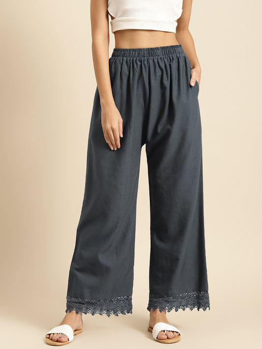 Grey Crotchet Lace Cotton Flax Palazzo