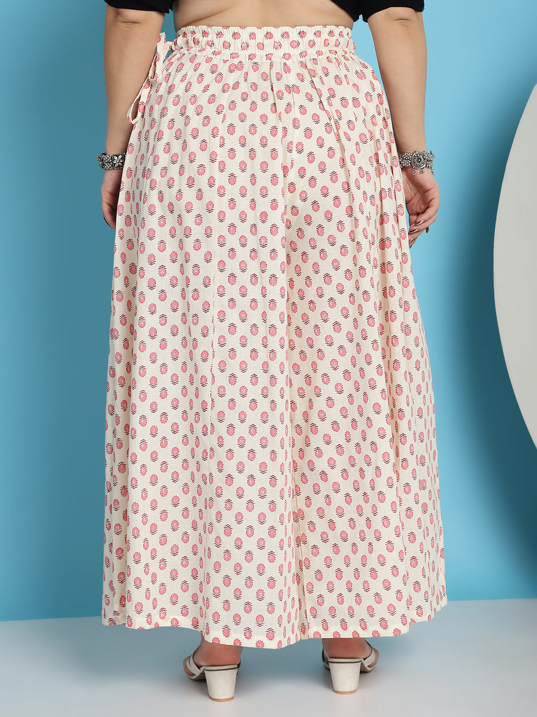 White Cotton Floral Print Flared Kali Palazzo