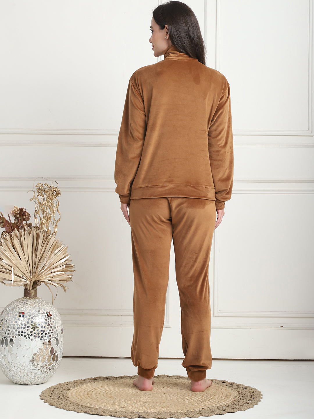 Camel Brown Velvet Zip Lounge Set