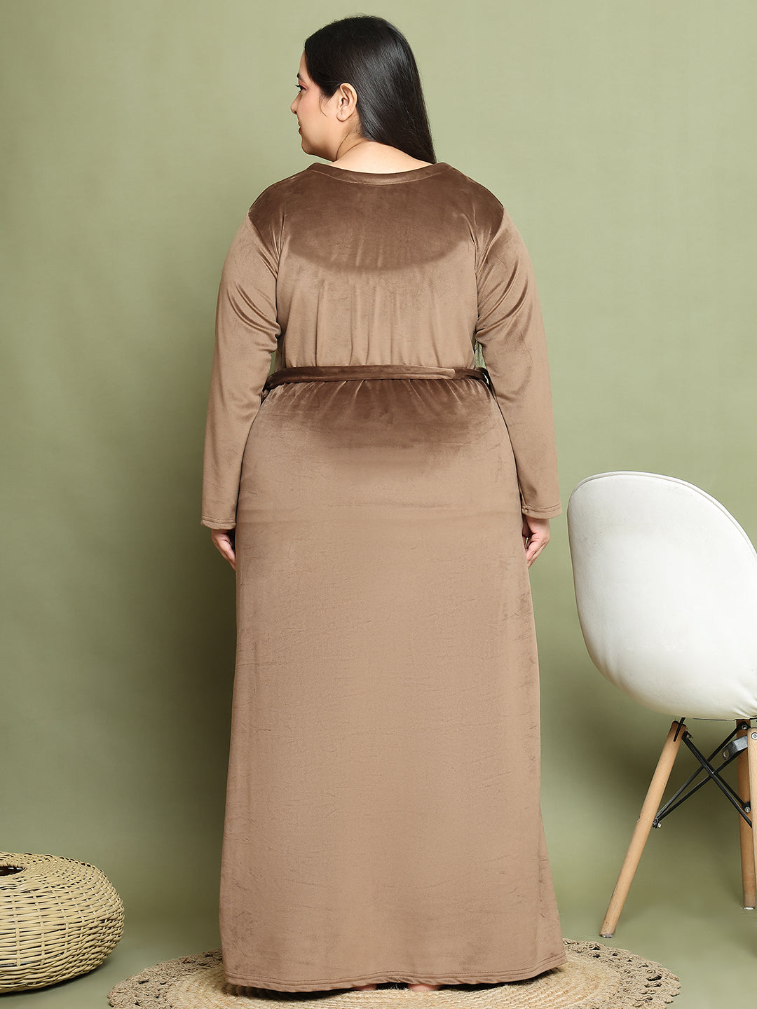 Brown Embroidery Velvet Night Dress