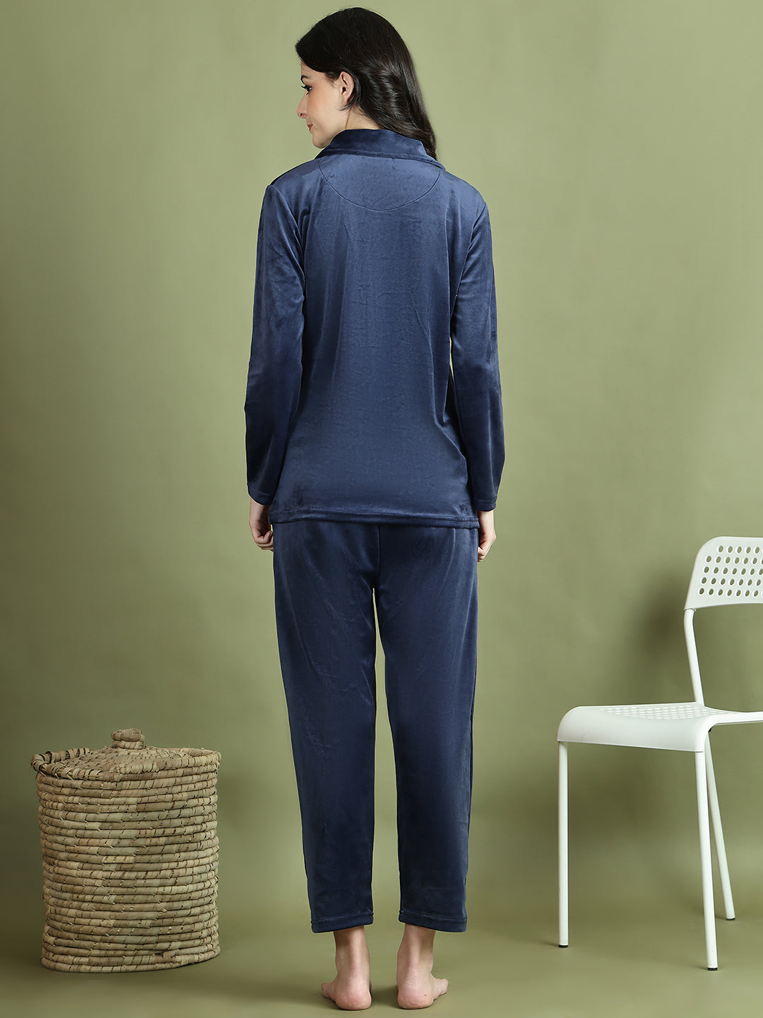 Navy Blue Embroidery Velvet Lounge Set
