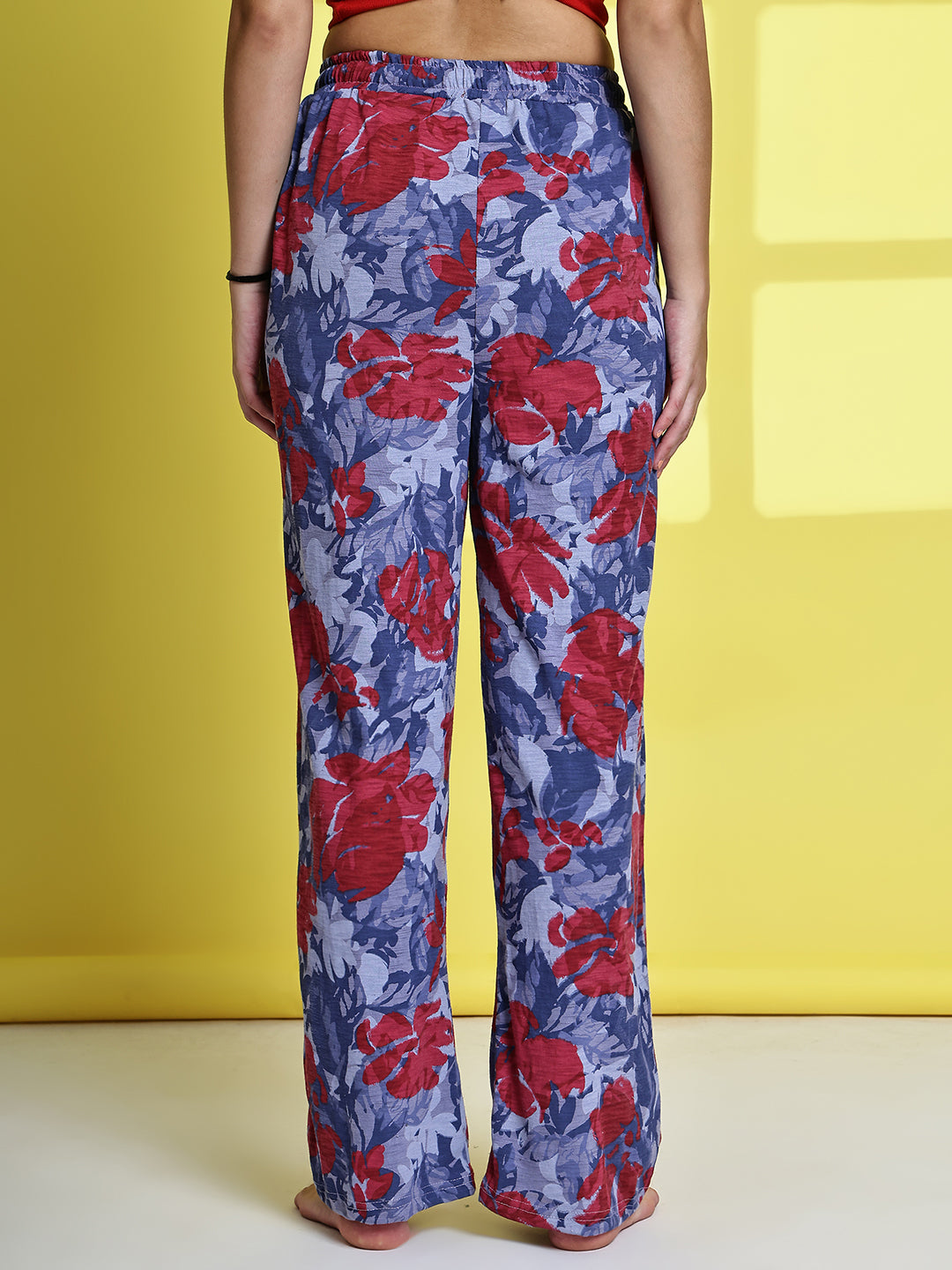 Grey Red Flower Cotton Hosiery Lounge Pant