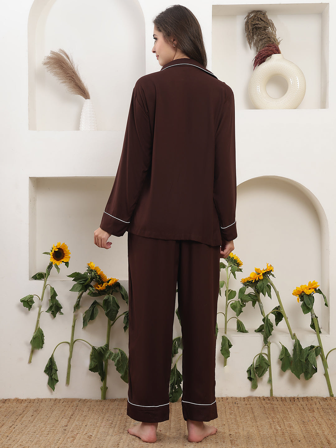 Mob Wife Mocha Bow Embroidery Night Suit