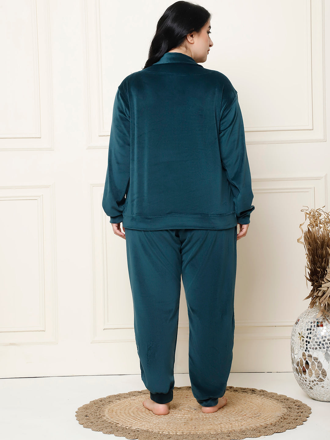 Bottle Green Velvet Zip Lounge Set