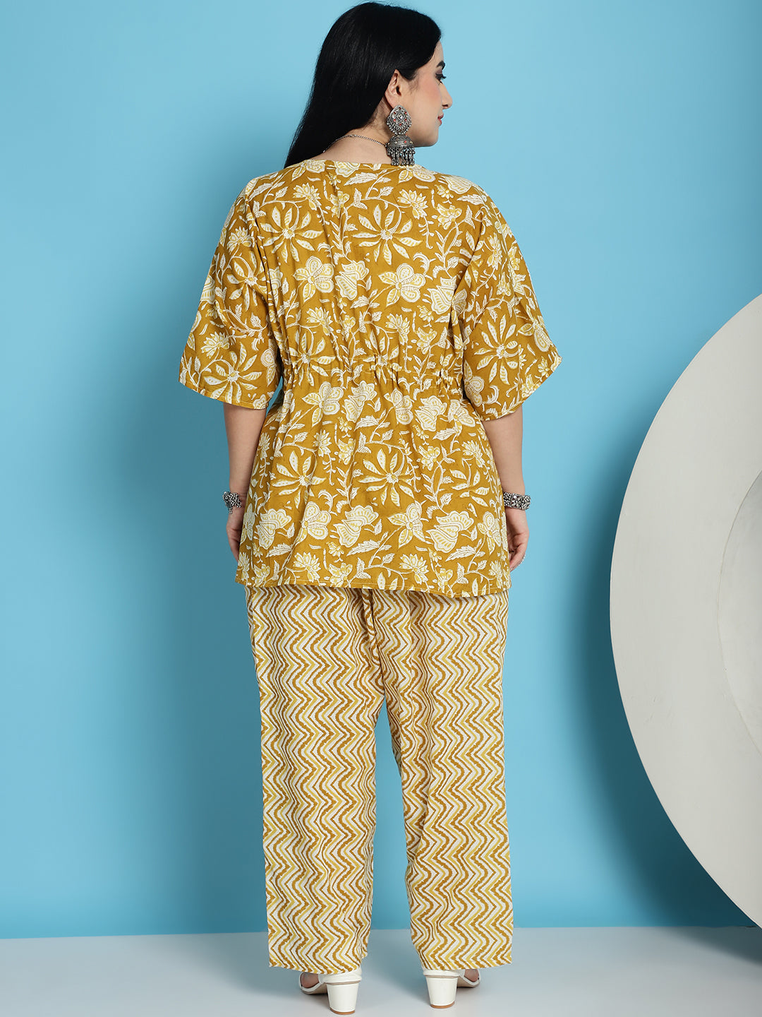 Plus Size Mustard Printed Cotton Kaftan And Pant Set