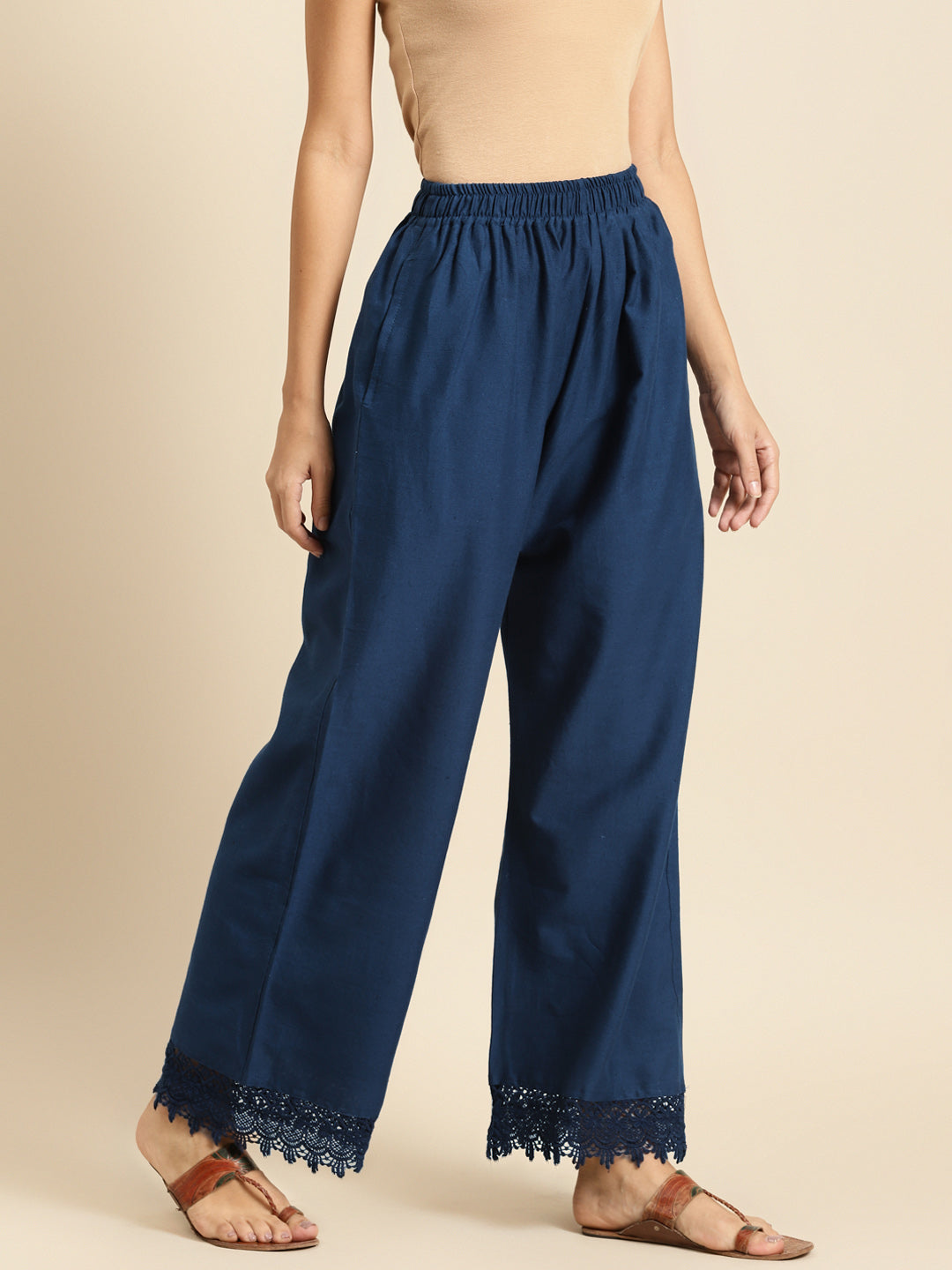 Navy Crotchet Lace Cotton Flax Palazzo