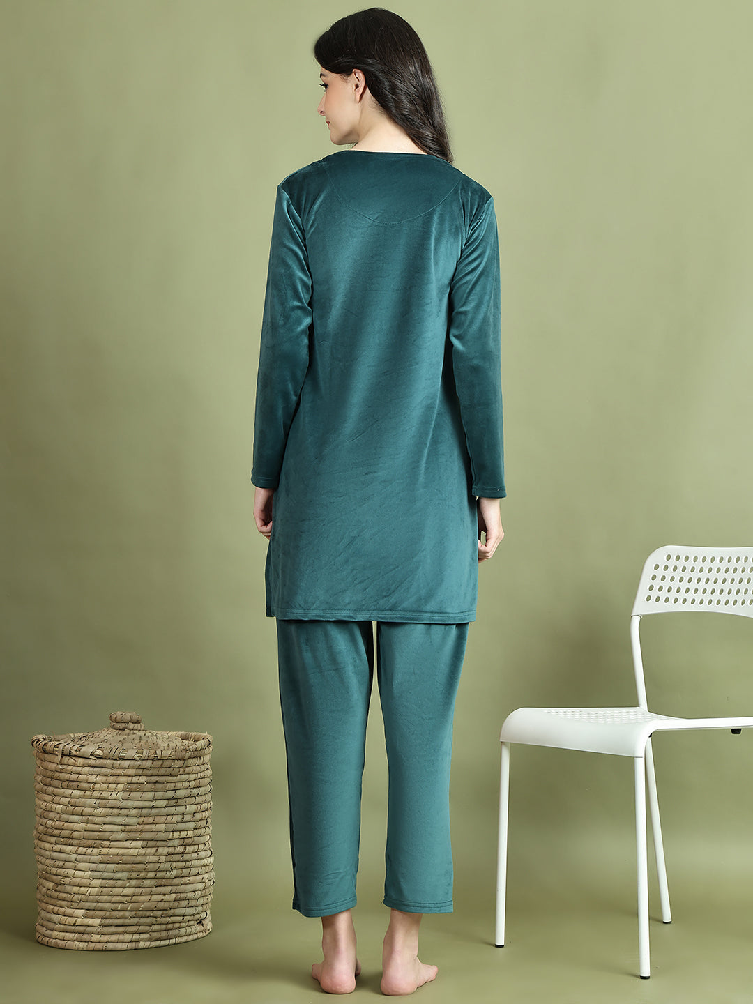 Bottle Green Embroidery Velvet Lounge Set