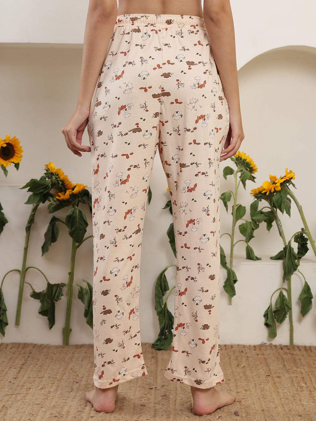 Beige Squirrel Printed Cotton Lounge Pant
