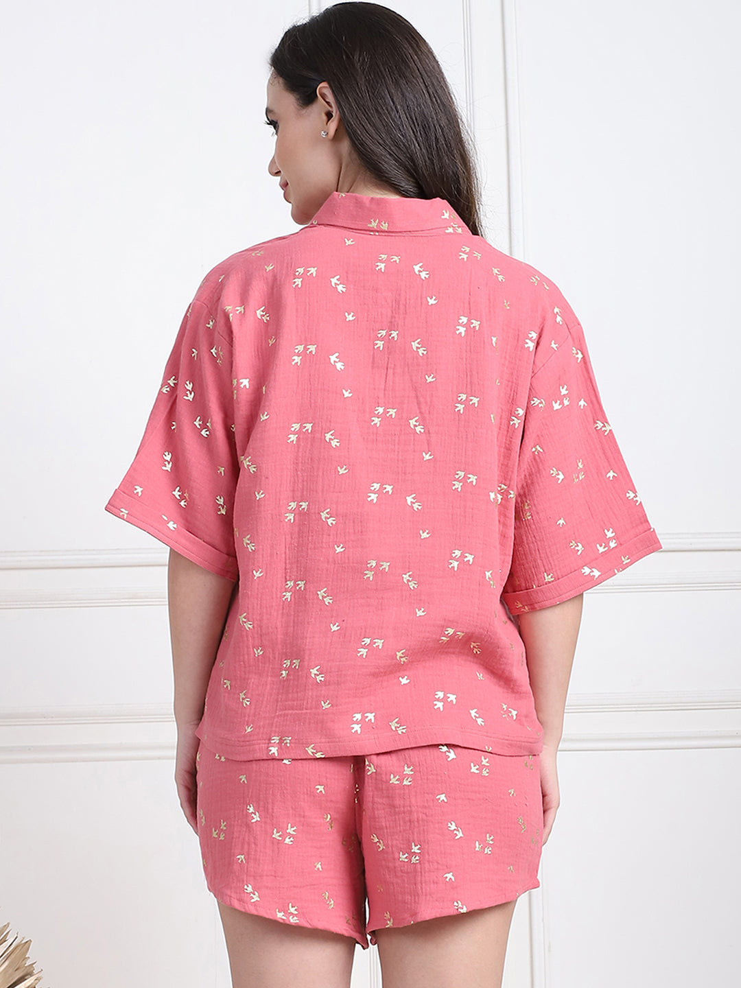 Pink Foil Print And Shorts Set