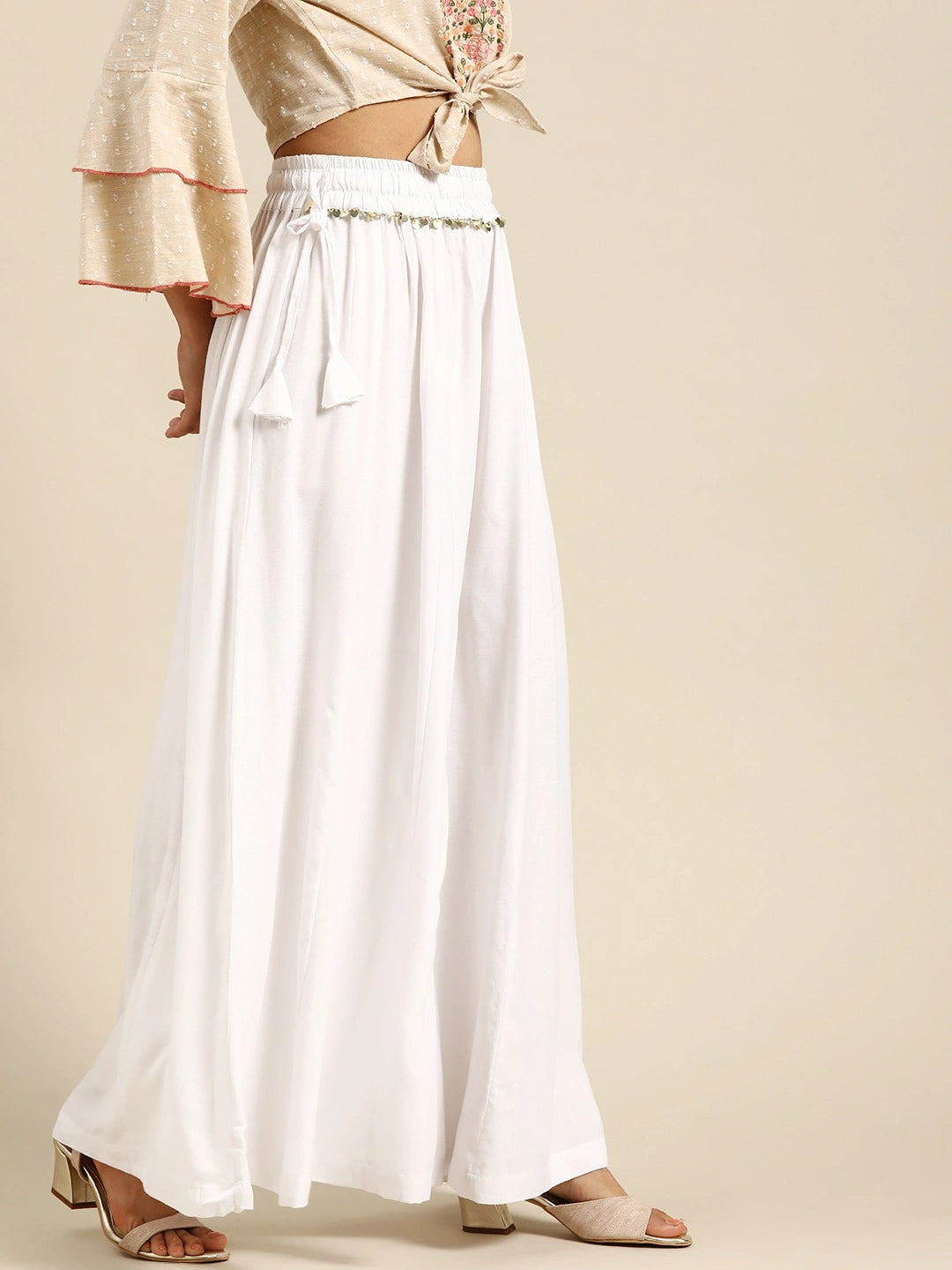 White rayon double flared palazzo