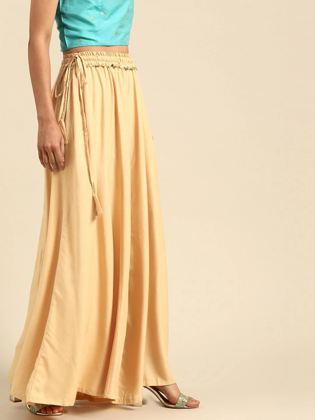Beige rayon double flared palazzo