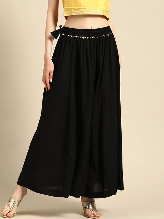 Black rayon double flared palazzo