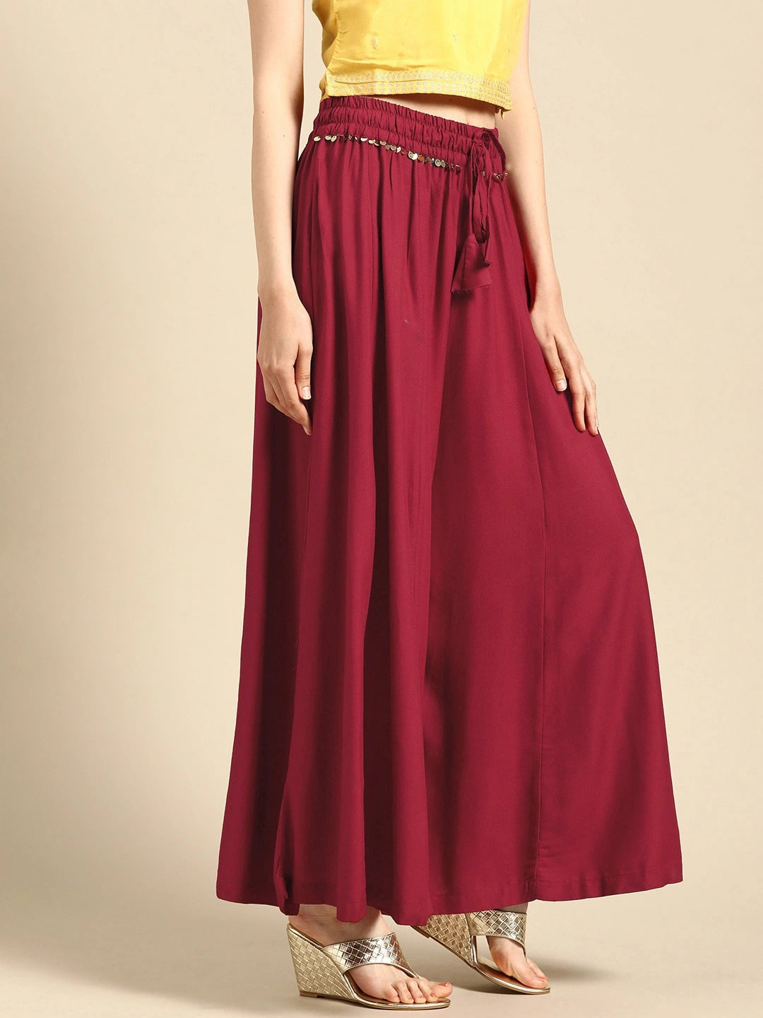 Maroon rayon double flared palazzo