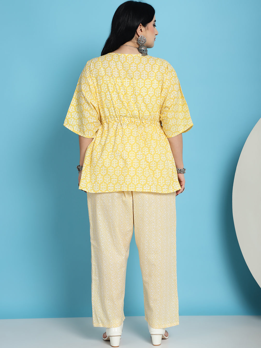 Plus Size Yellow Printed Cotton Kaftan And Pant Set